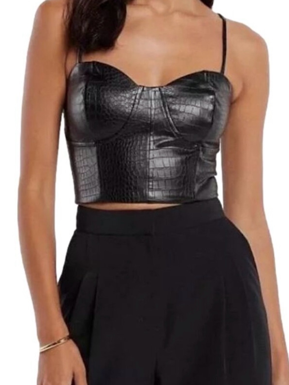 Express Black Croc-Embossed Faux Leather Cropped Bustier Top